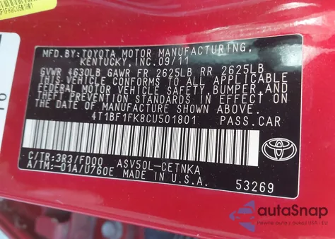 2012 Toyota Camry Se/Le/Xle z USA, uszkodzony, nr VIN 4T1BF1FK8CU501801